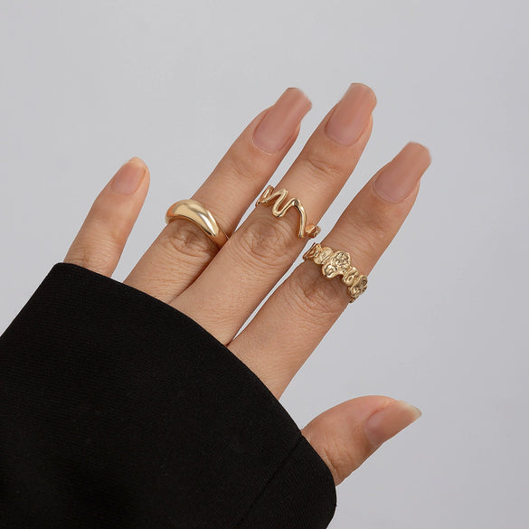 Wholesale Alloy Geometric Retro Electroplated Women's Ring Set With Irregular Smooth Opening Texture