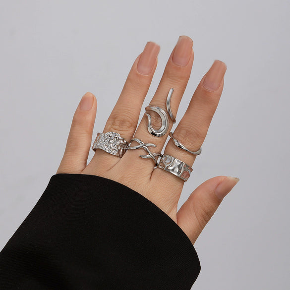 Wholesale Alloy Geometric Retro Electroplated Women's Ring Set With Irregular Smooth Opening Texture