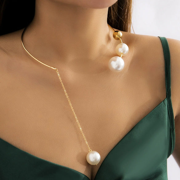 Wholesale Alloy Geometric Round Bead Clavicle Chain Imitation Pearl Necklace For Women