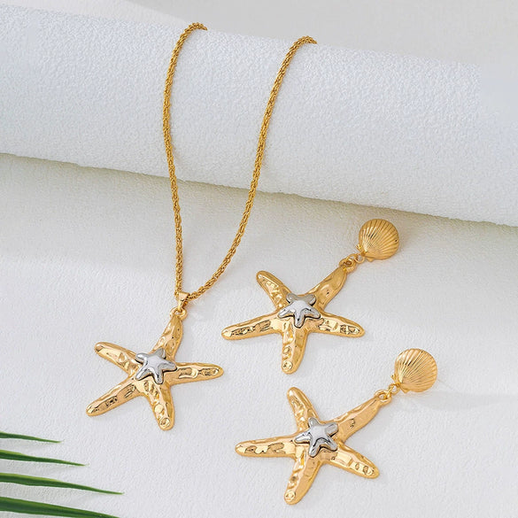 Wholesale Alloy Geometric Starfish Pendant Necklace And Earring Set For Women With Electroplating Design