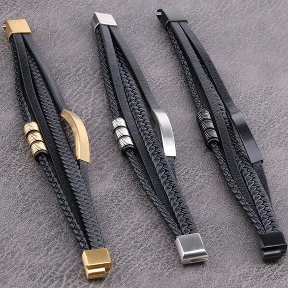 Wholesale Alloy Geometric Woven Leather Rope Bracelets For Men And Unisex With Electroplating