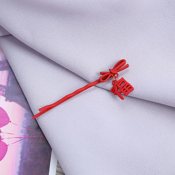 Wholesale Alloy Hairpin With Frosted Bow And Double Happiness Pattern Electroplated Baking Varnish For Women