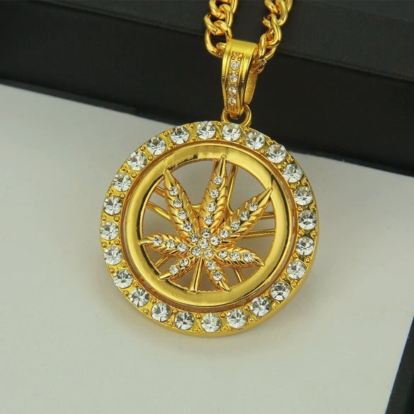 Wholesale Alloy Hip Hop Diamond Maple Leaf Turntable Rotatable Pendant Necklace For Men