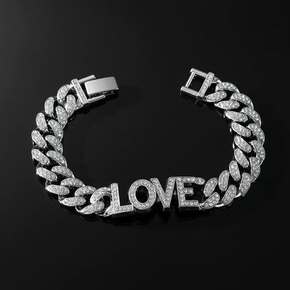 Wholesale Alloy Hip Hop Style Diamond Letter Love Cuban Chain Bracelet For Men