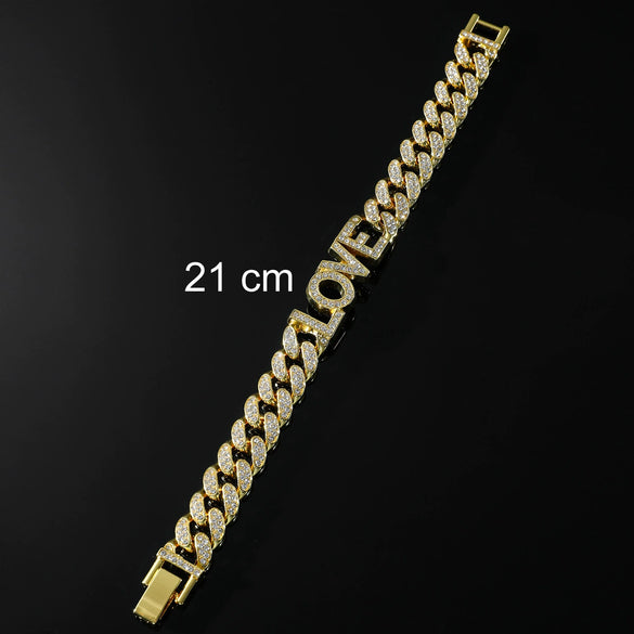 Wholesale Alloy Hip Hop Style Diamond Letter Love Cuban Chain Bracelet For Men