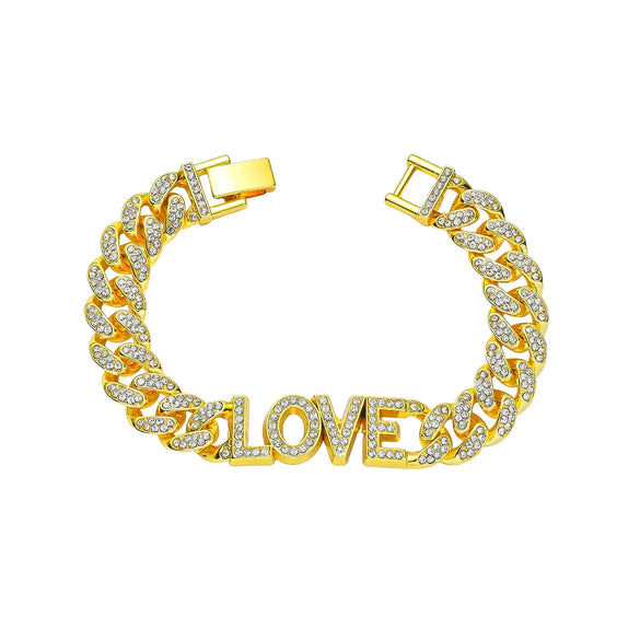 Wholesale Alloy Hip Hop Style Diamond Letter Love Cuban Chain Bracelet For Men