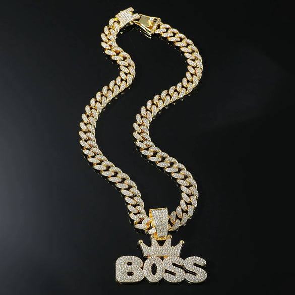 Wholesale Alloy Hiphop Exaggerated Crown Letter Pendant Cuban Chain Men's Jewelry With Diamond Design
