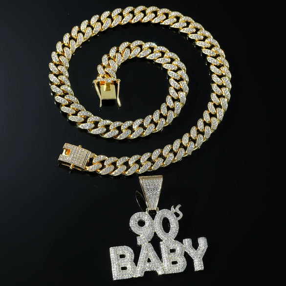 Wholesale Alloy Hiphop Exaggerated Letters Diamond Pendant Necklace For Men With Cuban Chain