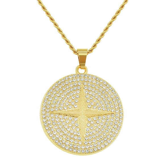 Wholesale Alloy Hiphop Geometric Diamond Round Pendant Long Necklace For Men With Twist Chain