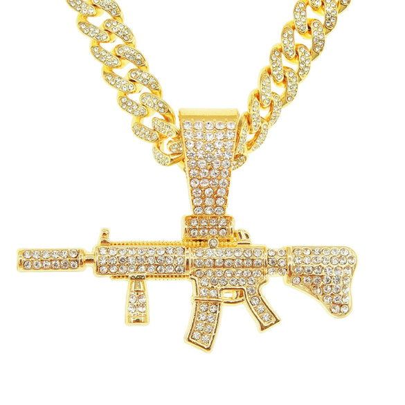 Wholesale Alloy Hiphop Style Geometric Diamond Gun Pendant Cuban Necklace For Men