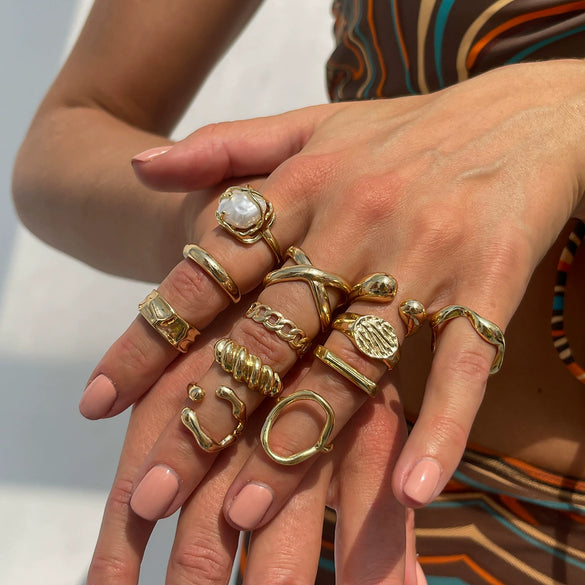 Wholesale Alloy Imitation Pearl Finger Ring Geometric Pattern Electroplating Women's Style