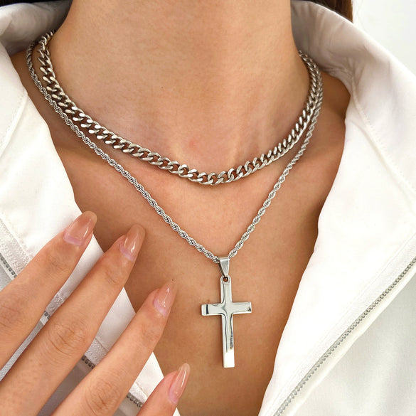 Wholesale Alloy Imitation Pearl Geometric Cross Pendant Retro Punk Multi Layer Women's Sweater Necklace Electroplated