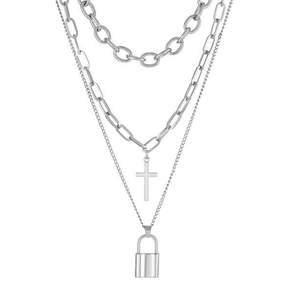 Wholesale Alloy Imitation Pearl Geometric Cross Pendant Retro Punk Multi Layer Women's Sweater Necklace Electroplated