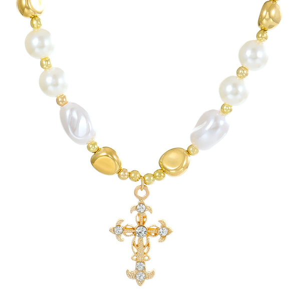 Wholesale Alloy Imitation Pearl Geometric Cross Pendant Retro Punk Multi Layer Women's Sweater Necklace Electroplated