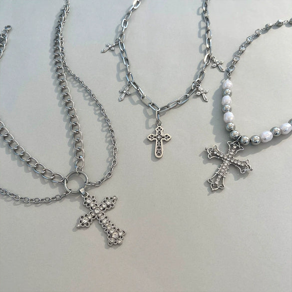 Wholesale Alloy Imitation Pearl Geometric Cross Pendant Retro Punk Multi Layer Women's Sweater Necklace Electroplated