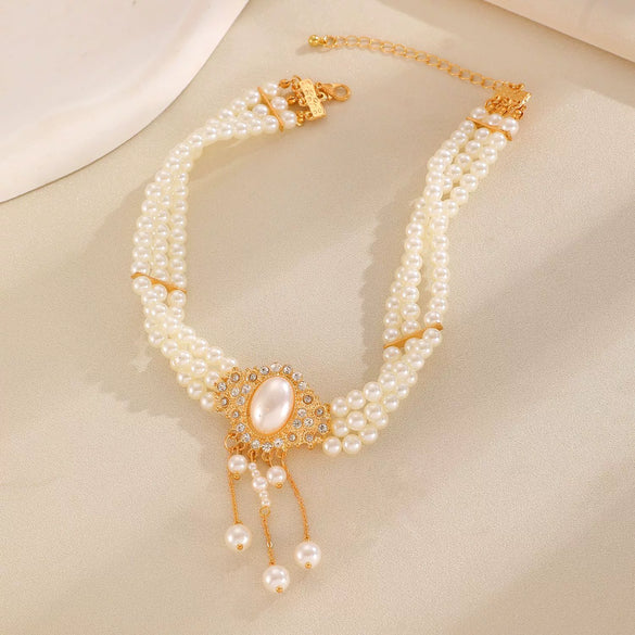 Wholesale Alloy Imitation Pearls And Rhinestones Plants Flowers Geometric Style Women's Pearl Necklace Set
