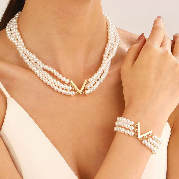 Wholesale Alloy Imitation Pearls And Rhinestones Plants Flowers Geometric Style Women's Pearl Necklace Set