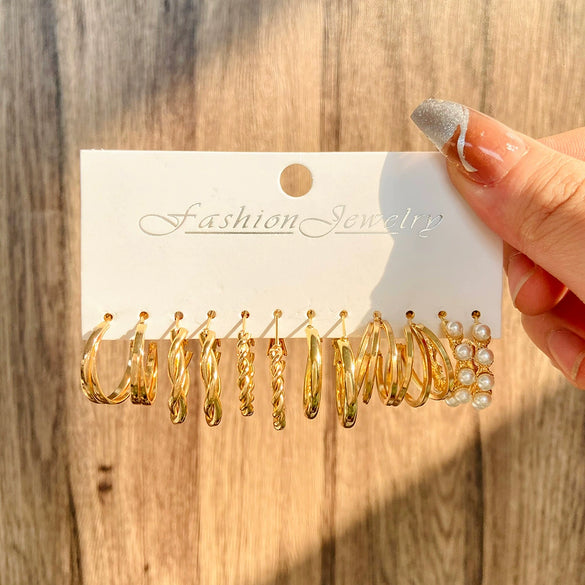 Wholesale Alloy Inlaid Pearl Geometric Women's Earrings Retro French Style Electroplated 6Piece Set