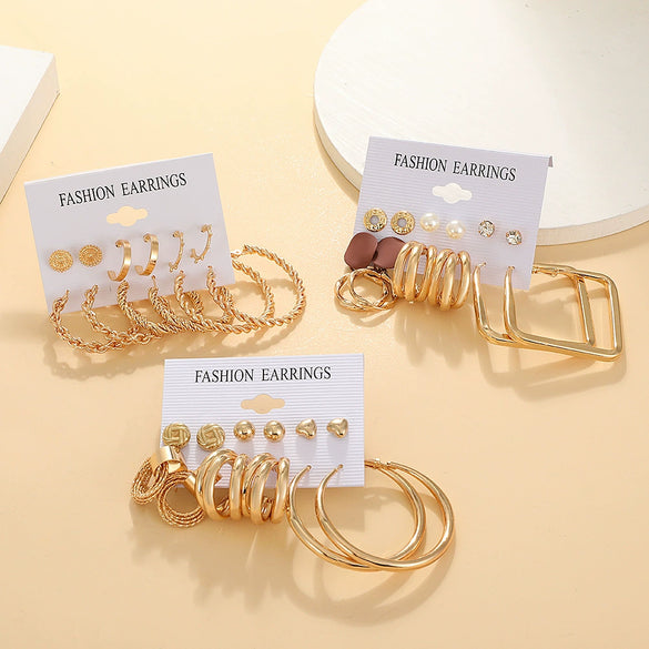 Wholesale Alloy Inlaid Pearl Geometric Women's Earrings Retro French Style Electroplated 6Piece Set