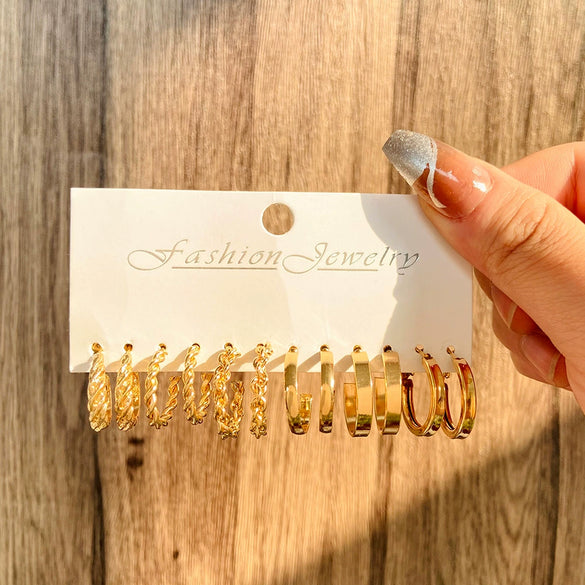 Wholesale Alloy Inlaid Pearl Geometric Women's Earrings Retro French Style Electroplated 6Piece Set