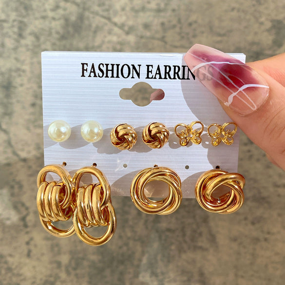 Wholesale Alloy Inlaid Pearl Geometric Women's Earrings Retro French Style Electroplated 6Piece Set