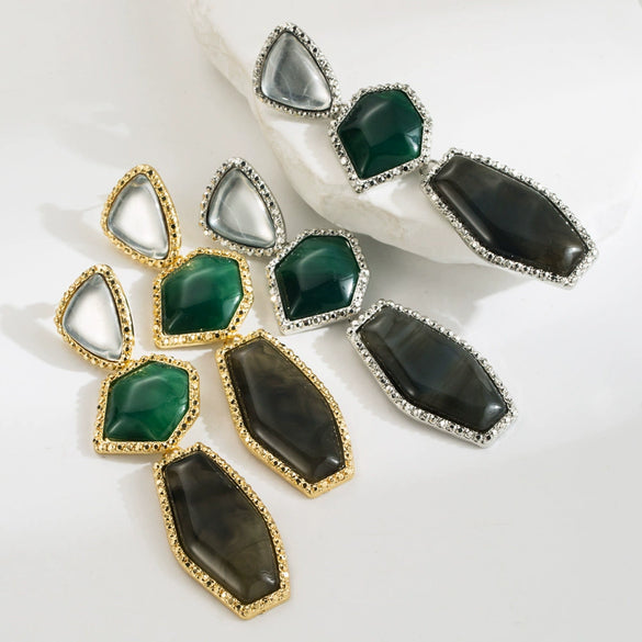 Wholesale Alloy Inlaid Resin Retro Geometric Multilayer Irregular Earrings