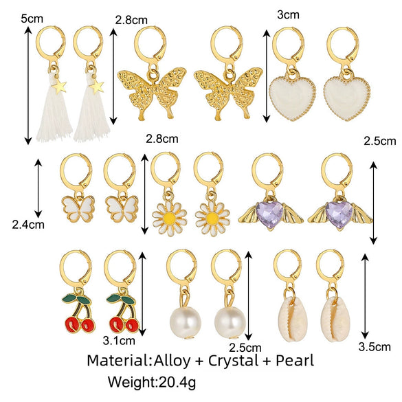 Wholesale Alloy Inlaid Rhinestone Earrings Set With Creative Butterfly Peach Heart And Cherry Pearl Designs