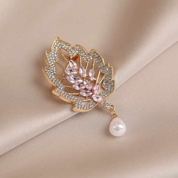Wholesale Alloy Leaf Flower Brooch Minimalist Style Diamondencrusted Electroplated For Women