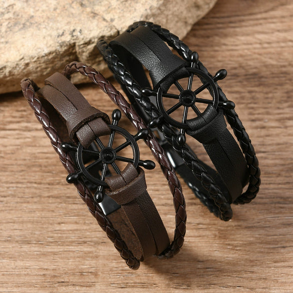 Wholesale Alloy Leather Buckle Handwoven Bracelets Retro Style Rudder Shape For Men And Women