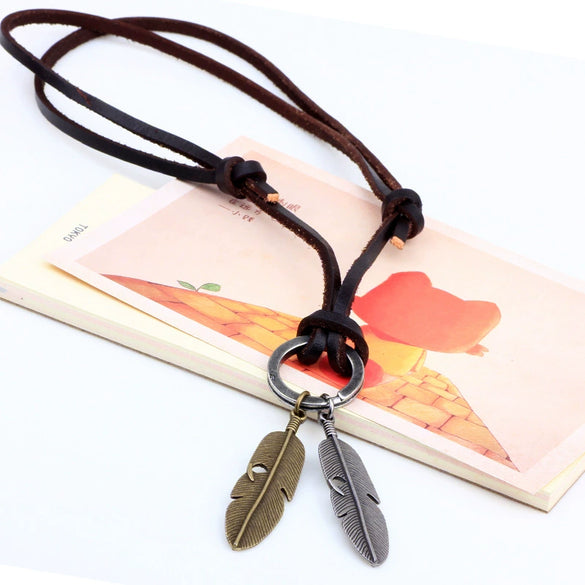 Wholesale Alloy Leather Rope Pendant Necklace With Leaf Pattern For Men Vintage Style Electroplated