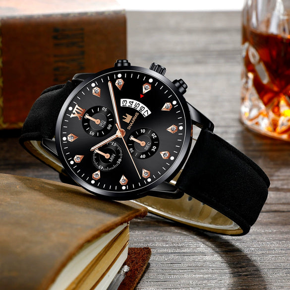 Wholesale Alloy Men's Business Style Round Dial Quartz Belt Watch With Fake Three Eyes And Fanshaped Design