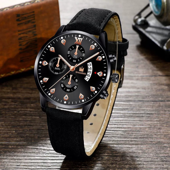Wholesale Alloy Men's Business Style Round Dial Quartz Belt Watch With Fake Three Eyes And Fanshaped Design