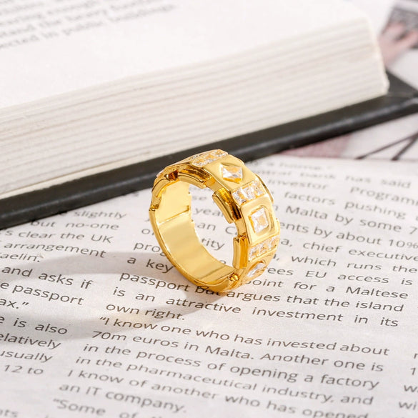 Wholesale Alloy Minimalist Geometric Halfcircle Inlaid Zircon Electroplated Ring