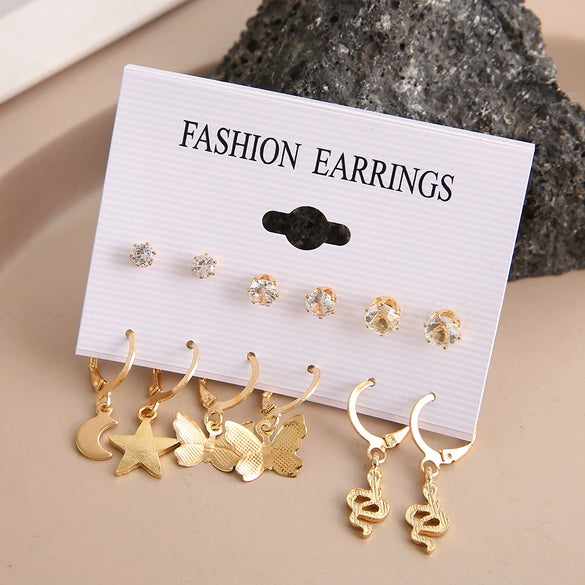 Wholesale Alloy Moon Snake Earrings Set With Creative Simple Butterfly Design And Inlaid Vertical Diamond