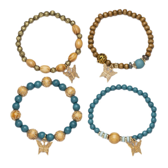 Wholesale Alloy Multilayer Wooden Beaded Bohemian Style Bracelet With Butterfly Pendant And Electroplating Treatment