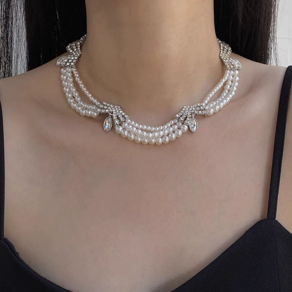 Wholesale Alloy Pearl Diamond Multi Layer Clavicle Necklace For Women With Geometric Style And Electroplating Treatment