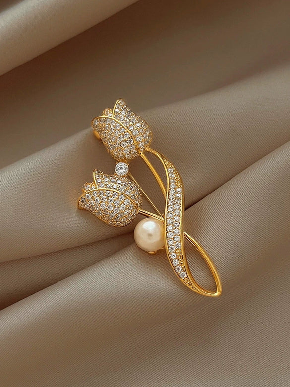 Wholesale Alloy Pearl Full Diamond Tulip Flower Electroplating Women's Brooch