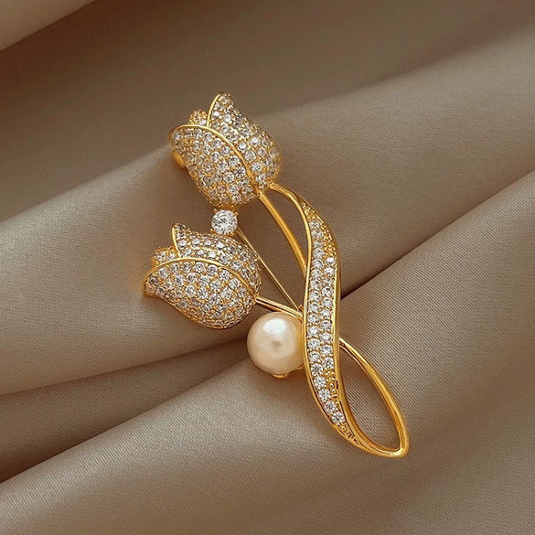 Wholesale Alloy Pearl Full Diamond Tulip Flower Electroplating Women's Brooch
