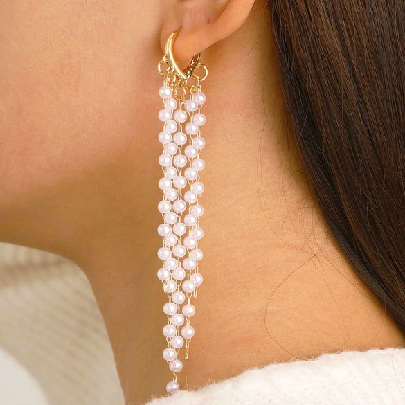 Wholesale Alloy Pearl Geometric Style Long Tassel Earrings For Women With Electroplating