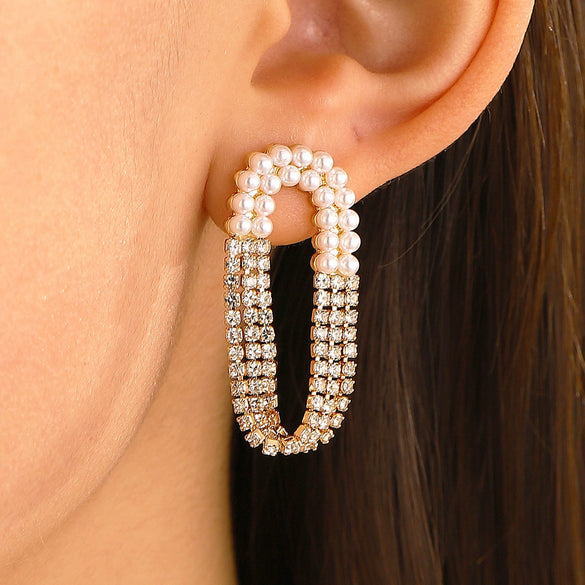 Wholesale Alloy Pearl Geometric Style Long Tassel Earrings For Women With Electroplating