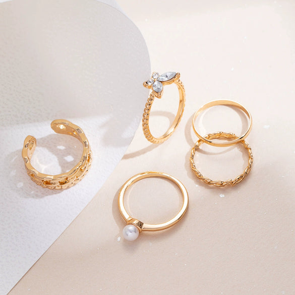 Wholesale Alloy Pearl Rhinestone Butterfly Twist Electroplated Ring Set For Women