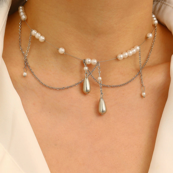 Wholesale Alloy Pearl Tassel Cross Geometric Clavicle Chain Necklace For Women With Electroplating