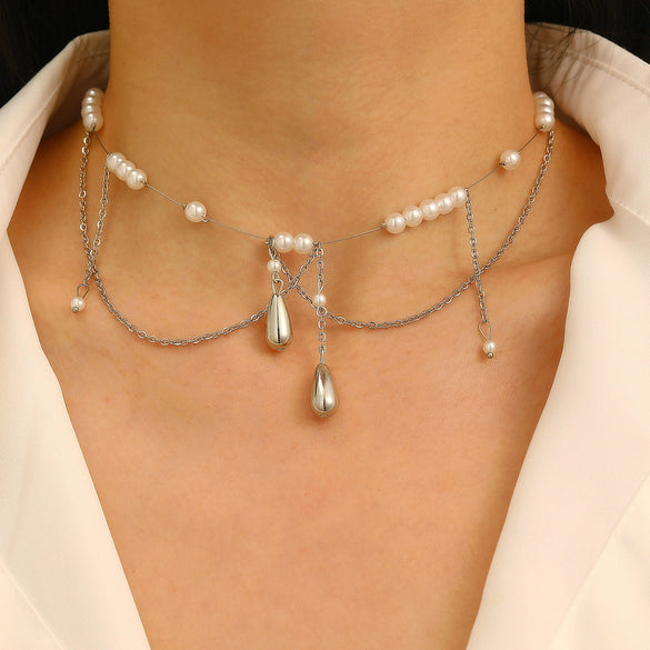 Wholesale Alloy Pearl Tassel Cross Geometric Clavicle Chain Necklace For Women With Electroplating