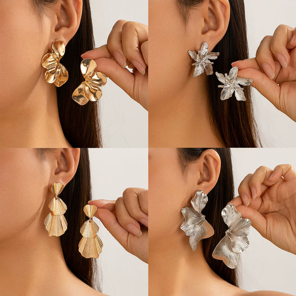 Wholesale Alloy Personality Double Layer Five Petal Flower Leaves Tassel Electroplated Women's Earrings