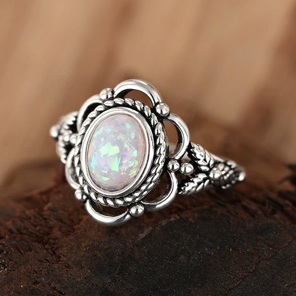 Wholesale Alloy Retro Flower Geometric Women's Imitation Opal Ring With Electroplating