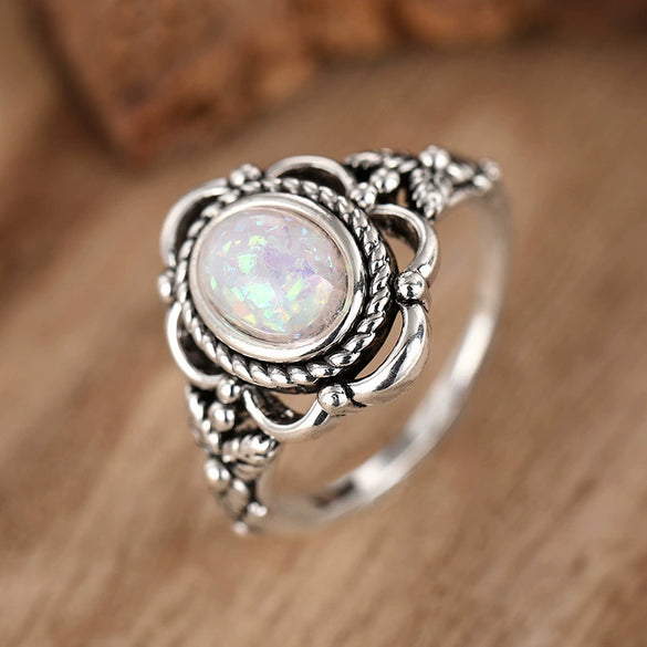 Wholesale Alloy Retro Flower Geometric Women's Imitation Opal Ring With Electroplating