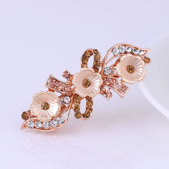 Wholesale Alloy Rhinestone Pearl Bow Women's Hairpin With Electroplating And Flower Design