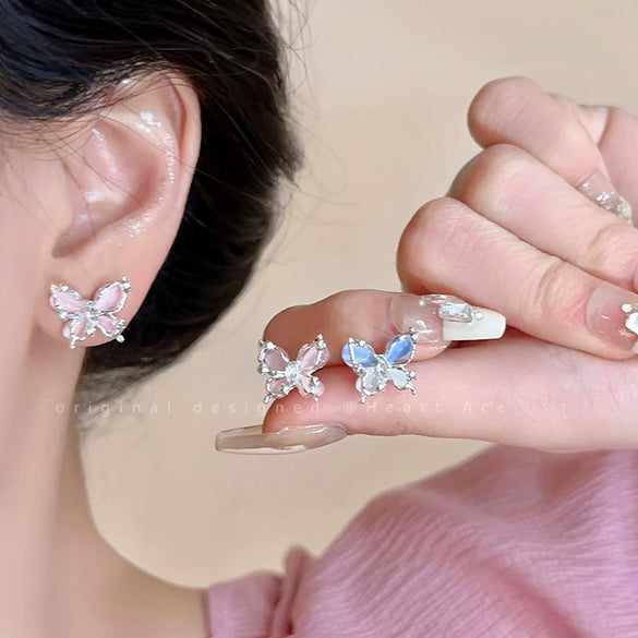 Wholesale Alloy 925 Silver Needle Insects Animals Style Pink Butterfly Cat's Eye Stone Electroplated Women's Earrings