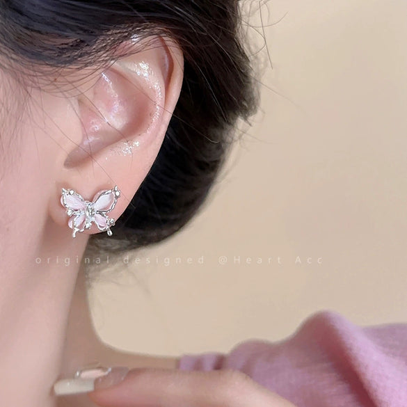 Wholesale Alloy 925 Silver Needle Insects Animals Style Pink Butterfly Cat's Eye Stone Electroplated Women's Earrings