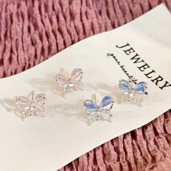 Wholesale Alloy 925 Silver Needle Insects Animals Style Pink Butterfly Cat's Eye Stone Electroplated Women's Earrings